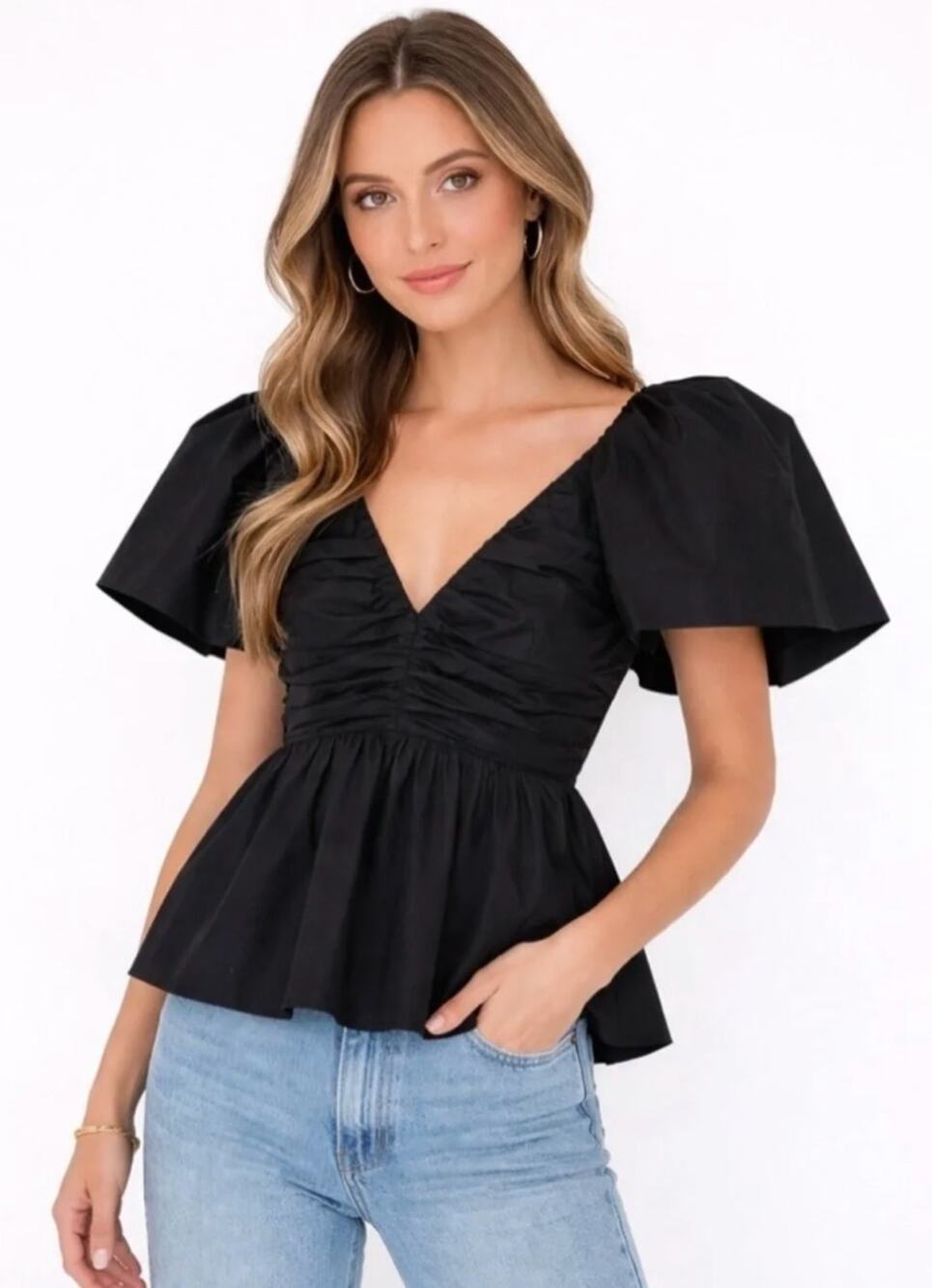 Hyacinth House Blouse Small Margaux Puff Sleeve in Black Ruched Top Chic Party